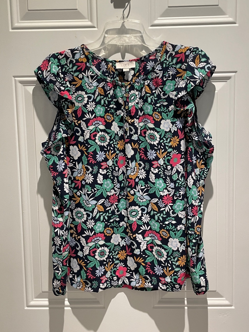 LOFT Outlet Navy Blue Green Pink Floral Ruffle Sleeve Sleeveless Top Size Large